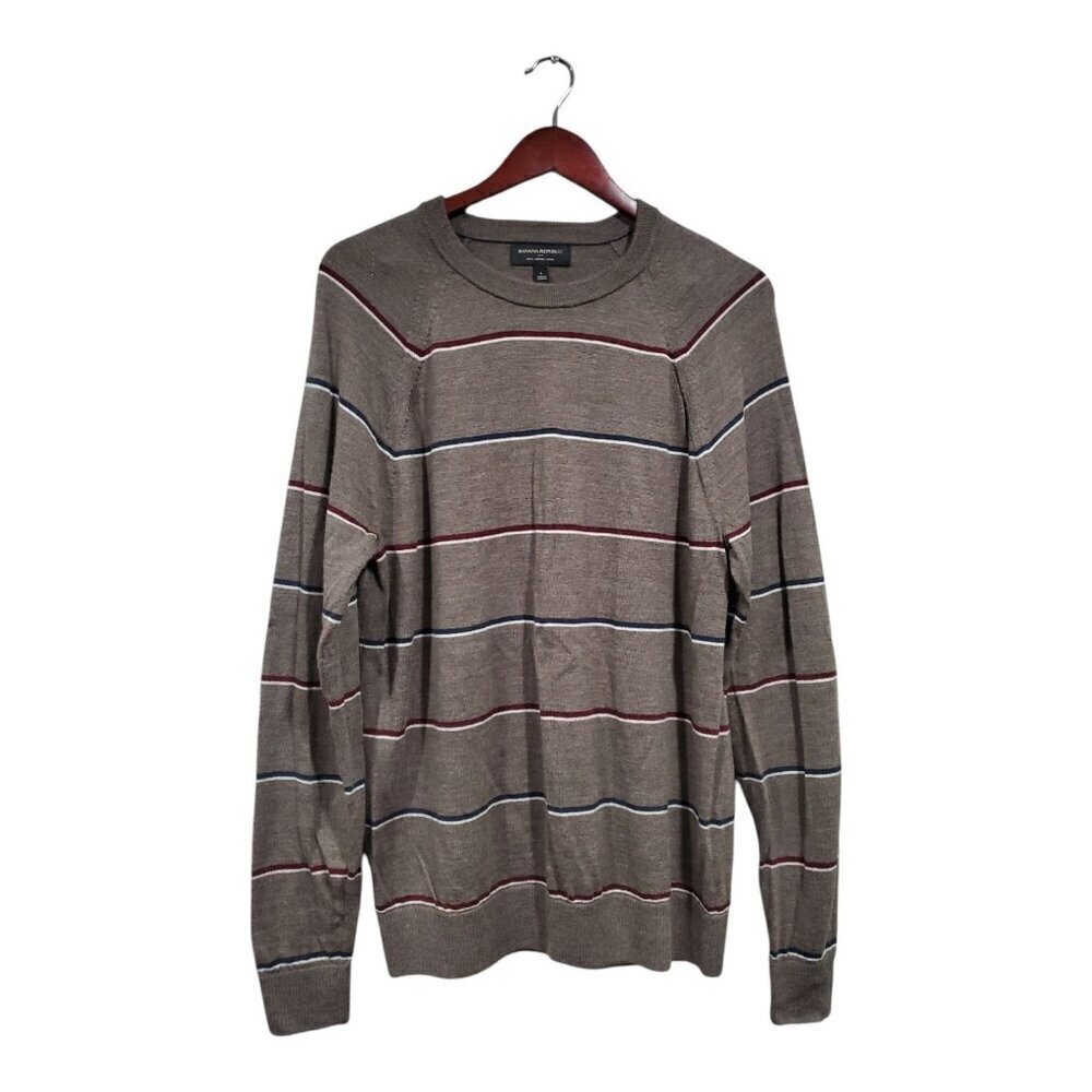 Banana Republic Mens Brown 100% Merino Wool Sweater Crew Neck Striped Sz L